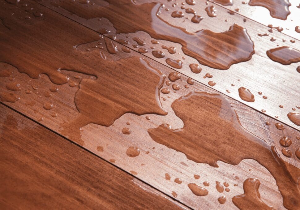 Droplets of water on a hardwood floor