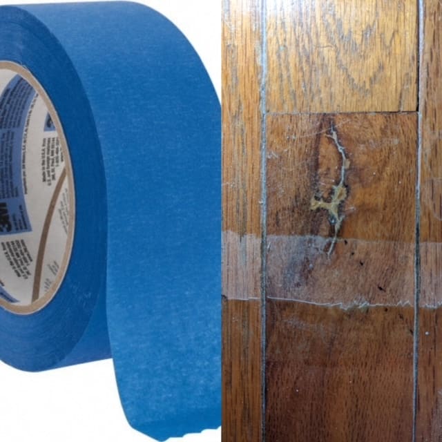 A blue tape for hardwood floor repairs