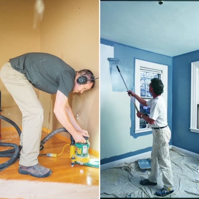 A person painting a room with blue color