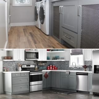A washer dryer room and a kitchen with wooden floors