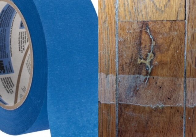 A blue tape for hardwood floor repairs