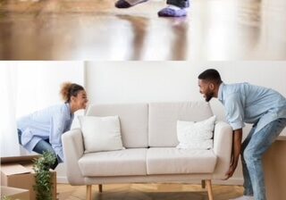 Two people moving a cream colored couch