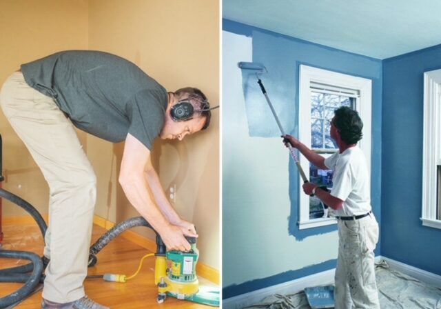 A person painting a room with blue color